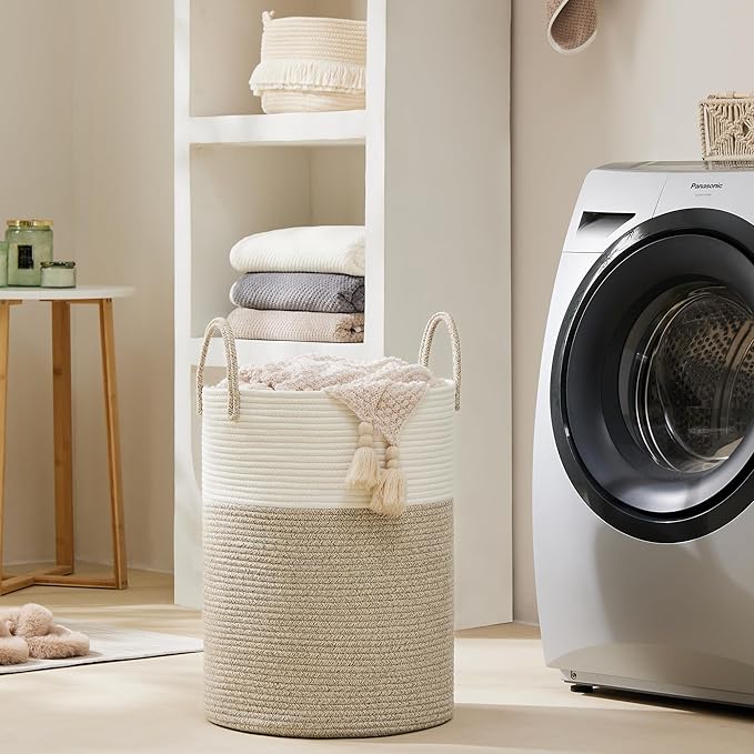 Cotton Rope Laundry Basket by YOUDENOVA, 58L Woven Collapsible Laundry Hamper, Clothes Hamper with Reinforced Handles in the Laundry Room, Bedroom, Bathroom, Brown