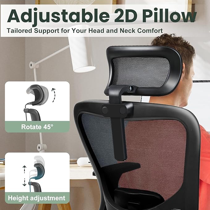 Ergonomic Office Chair - 350LB Mesh Office Chair with Adjustable Lumbar, High Back Computer Desk Chair with 3D Armrest, Comfy Chair with 2D Headrest & Tilt Function for Study, Work, Gaming