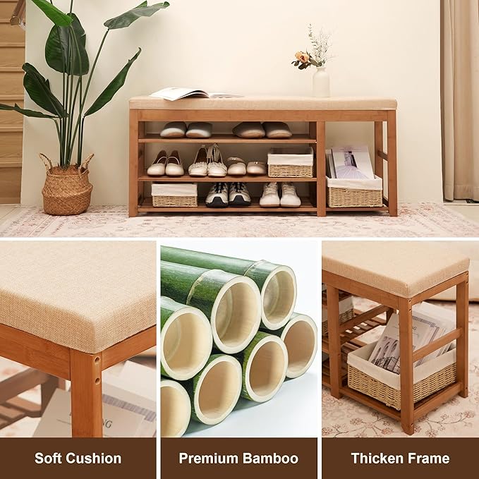 47.2 in Shoe Rack Bench with Cushion, 3 Tier Bamboo Entryway Bench with Storage for Entryway, Hallway, Bedroom, Living Room