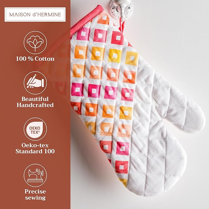 Maison d' Hermine Oven Gloves 100% Cotton Oven Mitt 7" x 13" with Loop Heat Resistant, BBQ, Cooking Gloves, Baking, Grilling, Kitchen, Handling Hot Pans Spring/Summer (Pack of 1, Summer Maze)