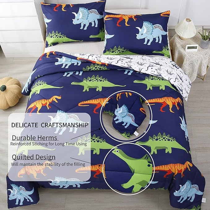RYNGHIPY Cartoon Dinosaur Comforter Set, Dark Blue Dinosaur Kids Bedding Set for Boys, Dinosaurs Print Comforter Sets for Kids/Toddlers/Teens (Dinosaur,Queen)