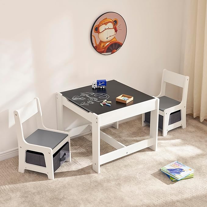 Kids Table and Chair Set, 3 in 1 Children Activity Table with Storage Drawer, 2 in 1 Tabletop Removable Blackboard for Crafts, Arts, Drawing, Reading, Toddler Table and Chair Set for Boys & Girls
