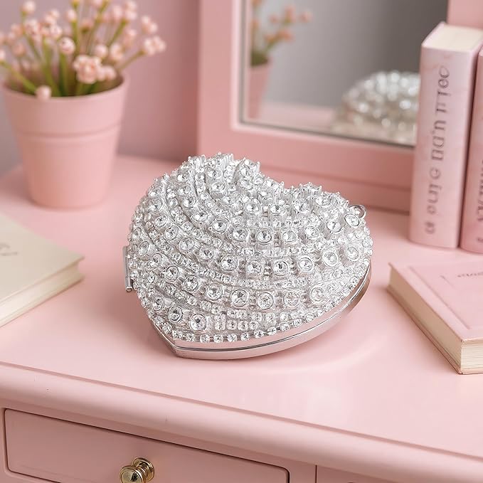 Ayliss Jewelry Trinket Box Heart Shaped Rhinestones Love Jewelry Gift Box Storage Organizer Ring/Earrings/Necklace Women Evening Clutch Rhinestone Purses (Silver)