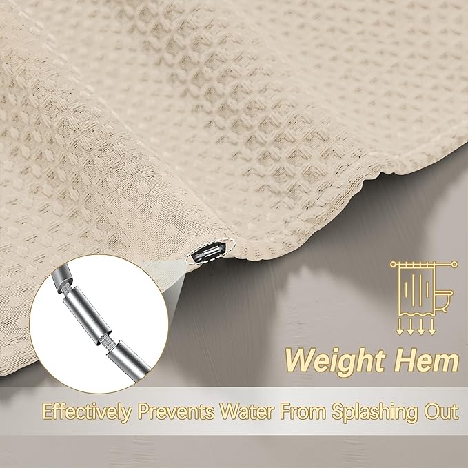 Beige Fabric Shower Curtain - Waffle Textured Heavy Duty Shower Curtains for Bathroom, 256GSM Hotel Spa Luxury Weighted Bath Curtain with 12 Hooks, 72x80, Beige