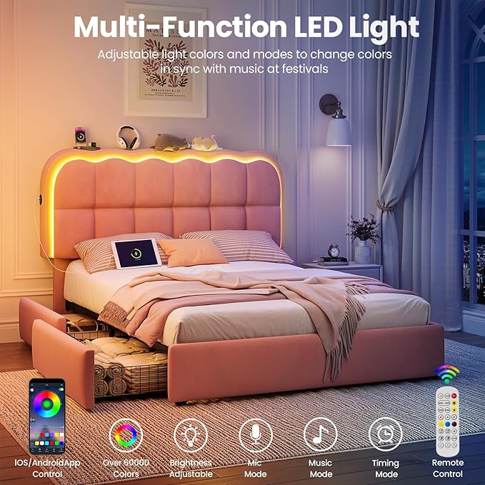 Full Size Bed Frame with 4 Storage Drawers and LED, Adjustable Clouds Headborad, Velvet Upholstered Platform Full Bed Frame with Charing Station, Wood Slats Support, No Box Spring Needed,Pink