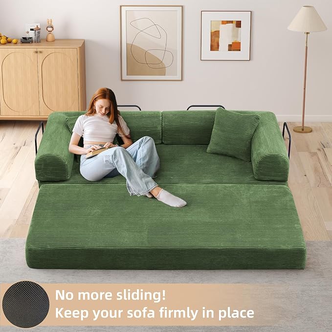 Rovibek 4-in-1 Convertible Sleeper Sofa Bed Queen Size, Foldable Floor Couch Corduroy, Folding Futon Sofa Beds with Pillow and Fixed-Shape Frame, Suitable for Living Room, Bedroom, Lounge, Green