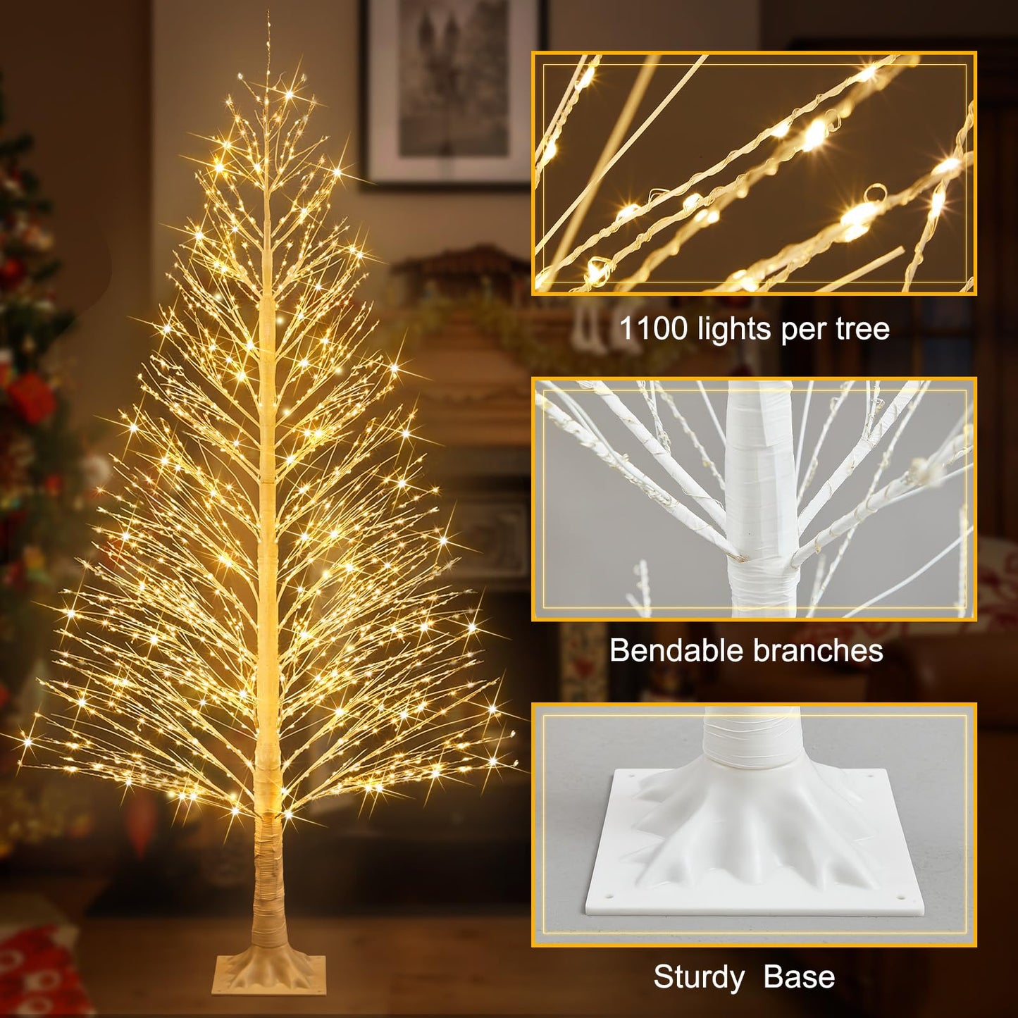 Rossesay 1 Pack 6ft-1100led Christmas Lighted Birch Tree LED Warm White Lights Twinkle Twig Artificial Tree Light for Outdoor Indoor Home Holidays Party Decorations, 8 Modes
