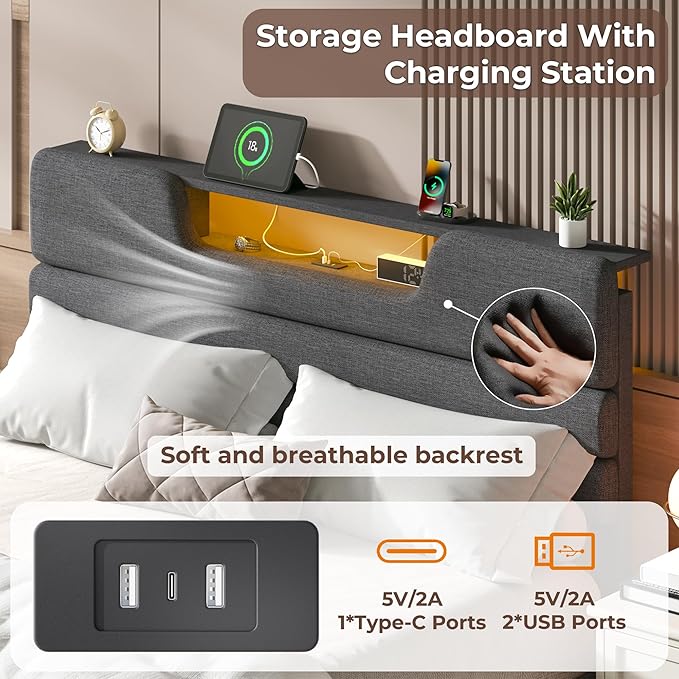Queen Size Bed Frames with Upholstered Headboard, Modern Platform Bed with Charging Station and Led Lights, Bed Frame with Sturdy Wooden Slats/No Box Spring Needed/2-Tier Storage, Grey