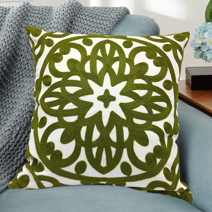 Alysheer Embroidered Decorative Throw Pillow Cover 20"x 20", Boho Mandala Modern Thick Embroidery Pattern, Durable Cotton Canvas Soft Cushion Case for Sofa Couch Bed Living Room (Olive Green)