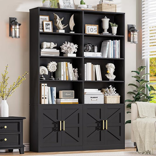 Farmhouse Bookshelves and Bookcases with 4 Doors, 6 Tier Large Book Shelf with Storage Cabinets, Standing Display Storage Shelves, 71” Tall Book Case for Living Room, Home Office, Black