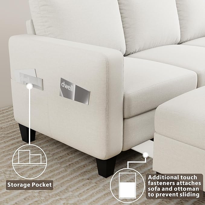 Sectional Sofa Couches for Living Room - Beige 3 Seat L-Shaped Couch with Storage Ottoman, Comfy Fabric Convertible Sectionals Sofas with Chaise for Apartment, Office, Small Space