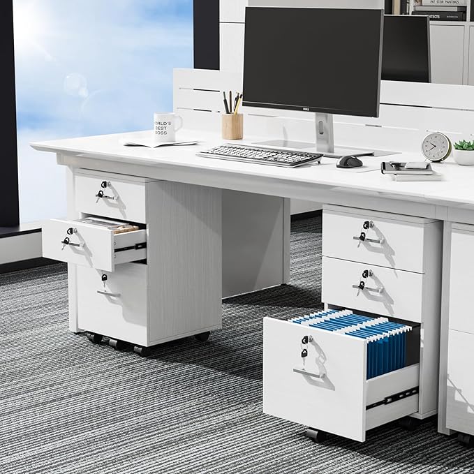 VINGLI 3-Drawer File Cabinet with Lock, Wood Rolling Filing Cabinets for Home Office, Mobile Printer Stand, Under Desk File Organizer for Letter Sized Files, 26" H(Caster Included), White