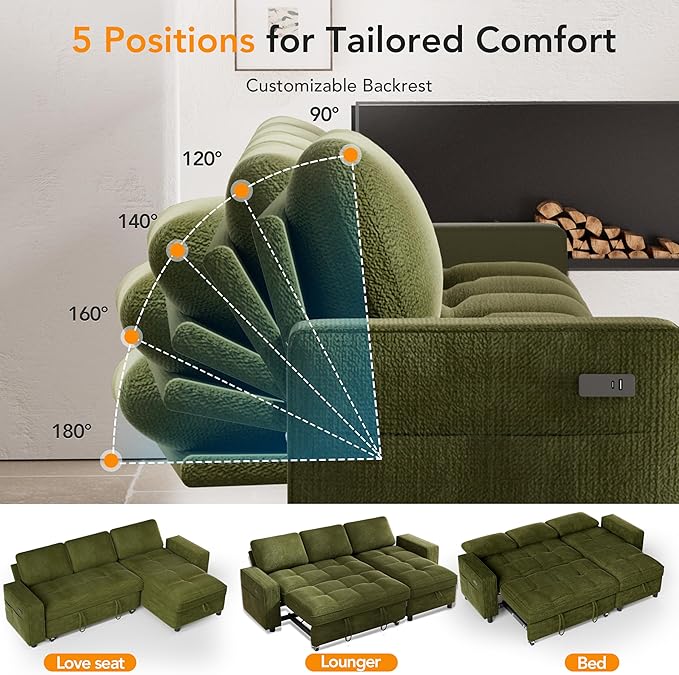 Vipbear Sleeper Sectional Sofa, 81" L Shaped Couch with Pull Out Bed, Convertible Chenille Cloud Sofa with Reclining Backrest | Reversible Storage Chaise | USB Ports | Tool-Free Assembly | Green