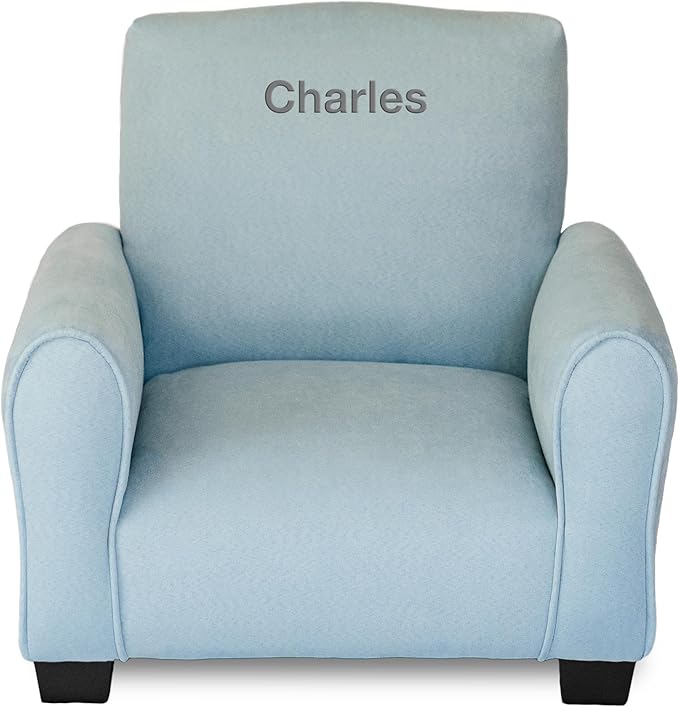 Toddler Personalized Chair, Kids Upholstered Rocking Chair with Personalization, Toddler Armchair with Personalized Name, Comfy Child Armchair, (Light Blue Suede, Legs)