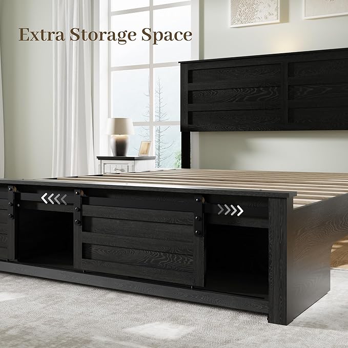 Full Size Bed Frame with Wood Headboard, Wooden Platform Bedframe with Sliding Barn Door Footboard and Charging Station Easy Assembly, No Box Spring Needed (Black, Full)
