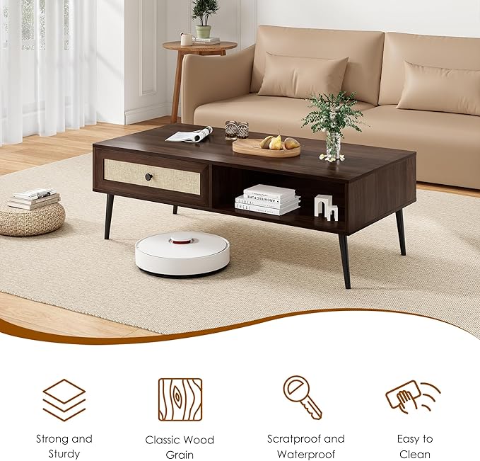 Farini Mid-Century Modern Coffee Table,Wooden Coffee Table for Living Room, Office, Walnut