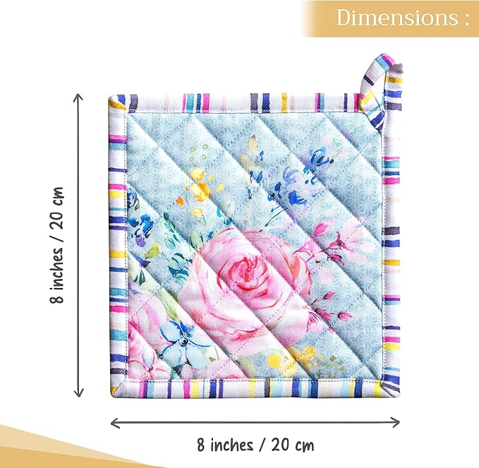 Maison d' Hermine Pot Holders Set 100% Cotton Heat Resistant Potholders 8" x 8" Hot Pads with Loop Cooking, Grilling, Kitchen, Handling Hot Pans Spring/Summer (Pack of 2, Sweet Rose Lavender - Lush)