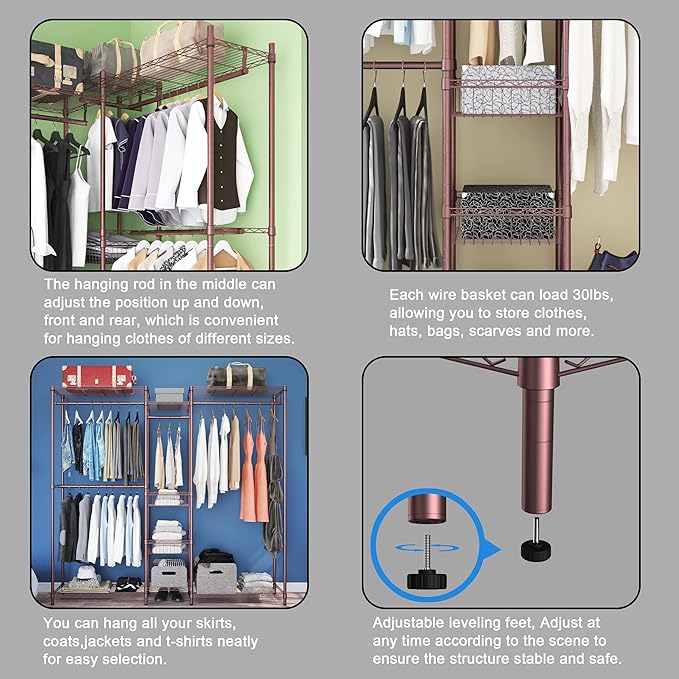 XIOFIO 6 Tiers Heavy Duty Garment Rack,Clothing Storage Organizer, Metal Clothing Rack,Clothing Rack with Hanging Rod,Adjustable Shelf and Fixed Baskets,60.7"L x 15.7"W x 70.5"H Max Load 720LBS,Bronze