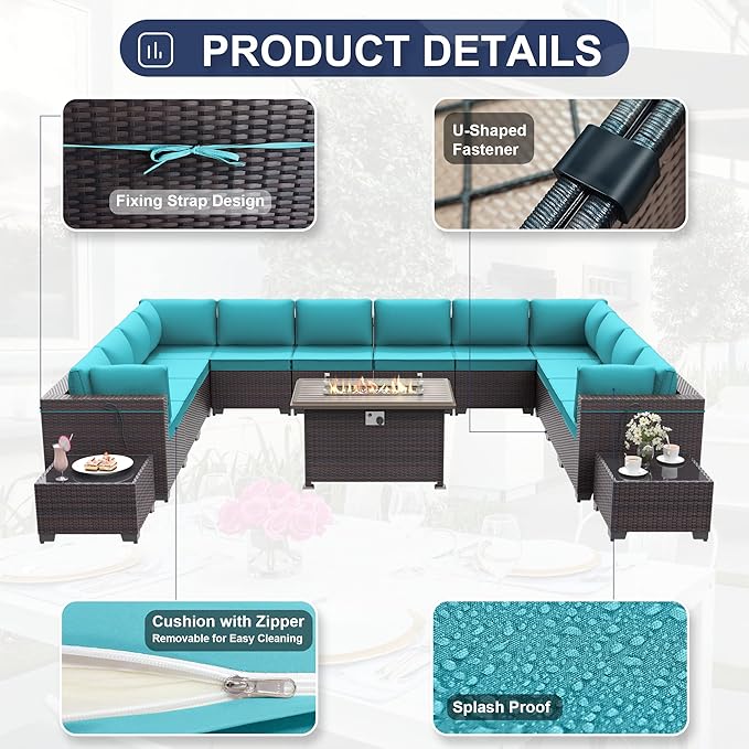 Kurapika 15 Pieces Patio Furniture Set, Rattan Wicker Outdoor Conversation Sets w/43in Propane Fire Pit Table and 4 Inch Cushion(Blue)