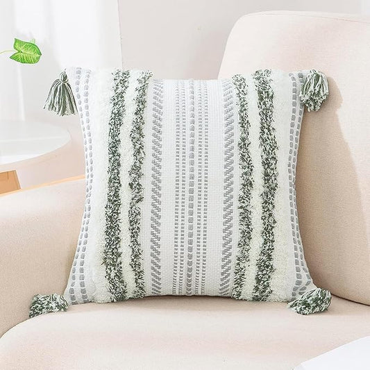 decorUhome Decorative Boho Throw Pillow Cover 20x20, Accent Neutral Textured Tufted Pillow Cover Striped for Couch Bed Sofa, Green and Cream White, Pack of 1