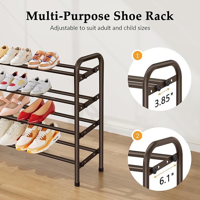 4 Tier Shoe Rack for Closet,Shoe Organizer, 28“ Metal Shelf Can Expandable to 42“, for Bedroom, Entryway, Living Room, Garage, Adjustable to 24 Pairs Shoes, Rustic Brown