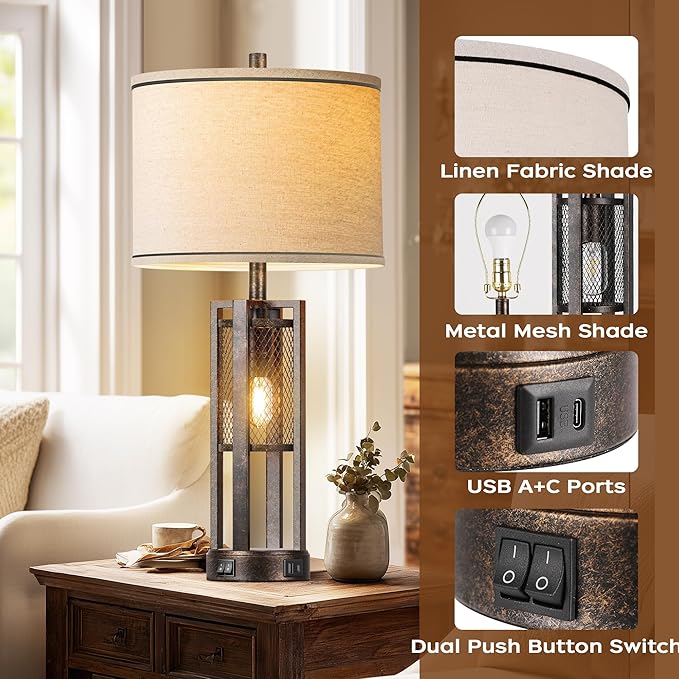 28'' Farmhouse Industrial Table Lamp Set of 2 - Rustic Bedside Nightstand Lamps with Dual USB A+C Ports, Bronze Metal Mesh Nightlight Desk Lamps for Bedroom Living Room, 4 LED Bulbs Included