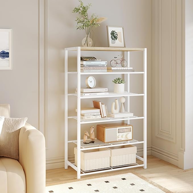 Yusong Shoe Rack Organizer, 6 Tier Industrial Shoe Storage Shelf, Narrow Sturdy Metal Shoe Shelves for Closet Entryway, Rustic Brown