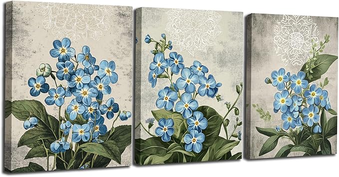 Arjun Blue Flower Wall Art Canvas Rustic Green Botanical Floral Bloosom Wildflower Vintage Grey for Bathroom Living Room Bedroom Dinning Room Kitchen Home Office Wall Decor, 12"x16"x3 Panels