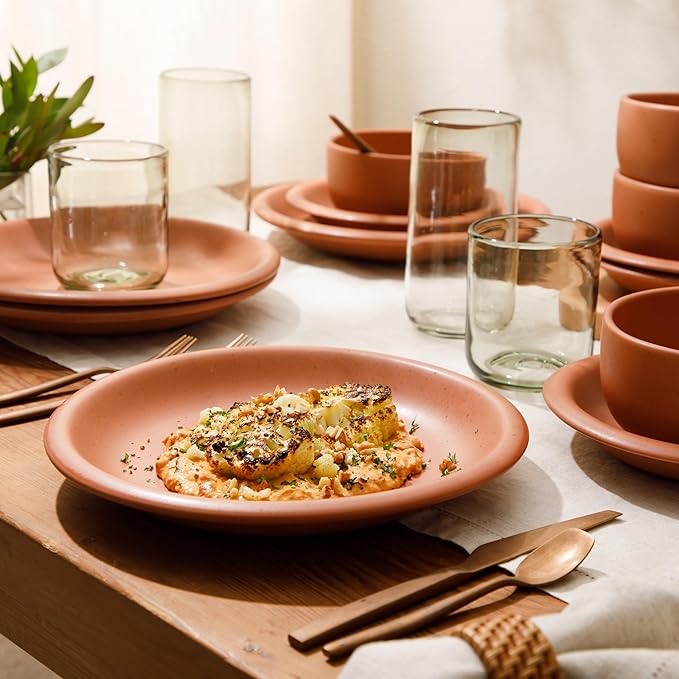 Bloomhouse Corsica Clay 12 Piece Stoneware Rustic Reactive Glaze Dinnerware Set - Stackable Plates and Bowls Set. Service for 4 - Matte Burnt Apricot Terracotta