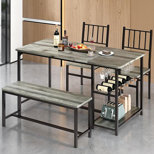 4 EVER WINNER Dining Room Table Set for 4, 55" Kitchen Table Set with Storage Shelf, Wine Rack & Wine Glasses Holder, Dining Table Set with 2 Chairs and Bench for Dining Room, Kitchen, Grey