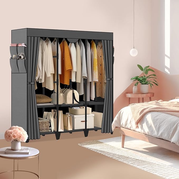 Wardrobe Closet, Quick and Easy Assembly, Gray Large Capacity Portable Closet with 3 Hanging Rods 6 Storage Shelves and 8 Side Pockets, Clothes Rack with Cover, for Bedroom and Living Room