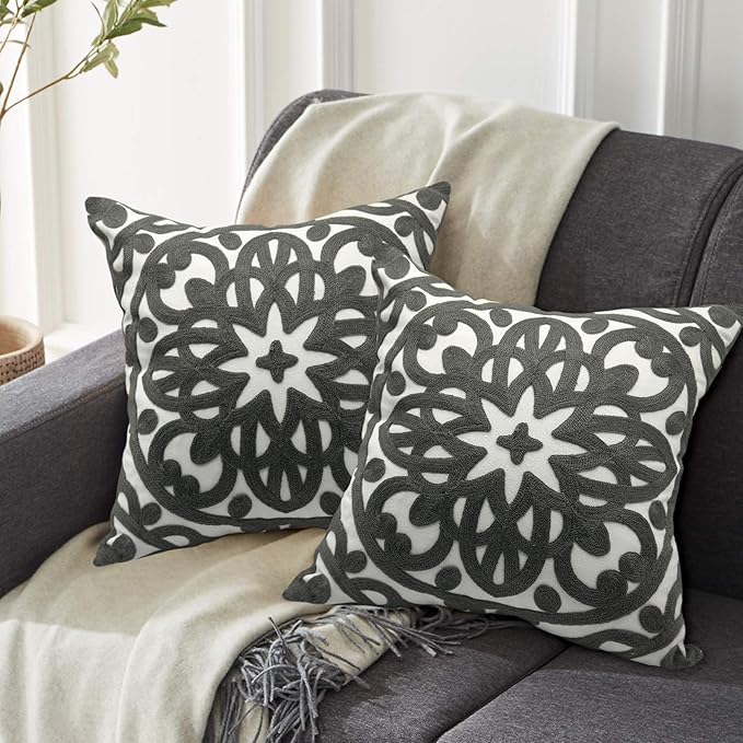 Alysheer Embroidered Decorative Throw Pillow Covers 18"x18" Set of 2 Pieces, Classic Boho Mandala Knit Pattern, Durable Cotton Canvas Cozy Gray Cushion Cases for Sofa Couch Living Room(Grey)