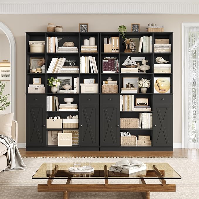 HOSTACK 74" Tall Book Shelf and Bookcase, 45" Wide Bookcase with Doors and Drawers, Modern 6 Tier Bookshelf with Storage, Large Wood Display Cabinet with Adjustable Shelves for Home Office, Black