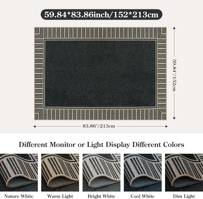 OJIA Easy Jute 5x7 Outdoor Rug, Washable Patio Rugs for Living Room Striped Border Indoor Outdoor Carpet Farmhouse Non-Slip Black Rug Geometric Area Rug for Porch Backyard Dining Room