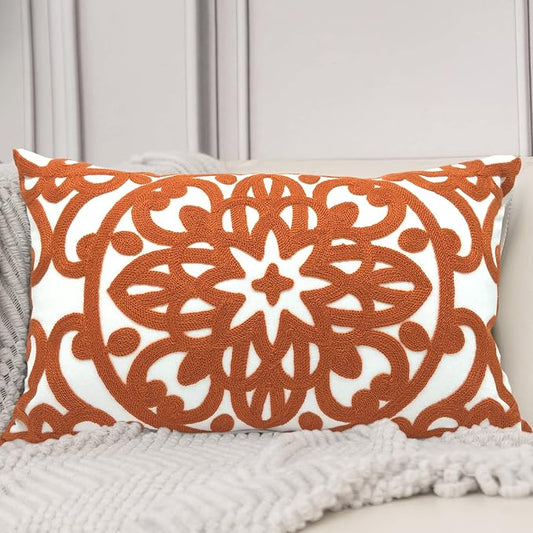 Alysheer Embroidered Lumbar Decorative Throw Pillow Cover 12"x 20", Classic Boho Mandala Embroidery Pattern Cotton Rectangular Cushion Case for Sofa Couch Living Room Bedroom(Burnt Orange)