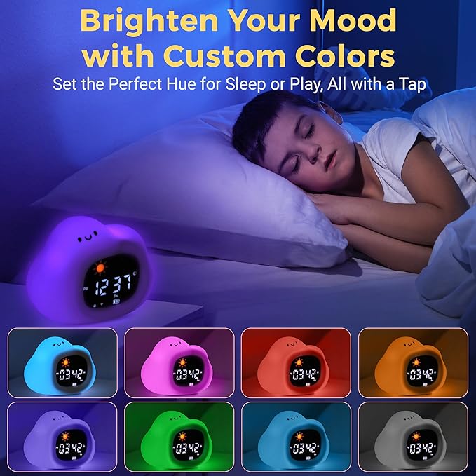 Bumble & Bright Go & Glow Cloud App Control Kids Alarm Clock – Digital Sleep Trainer with USB-C Corded, 8 Night Light Colors, 6 Soothing Sounds, 12/24H Routine Trainer, Gift for Boys & Girls
