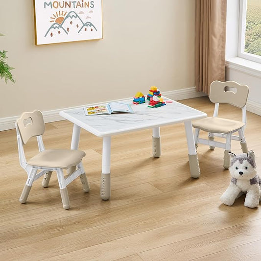 Toddler Table and 2 Chairs Set, Height Adjustable Kids Table and Chairs, 31.5''L x 23.6''W, Marble Pattern & Graffiti Desktop, Children Multi-Activity Table for Home/Daycare/Classroom