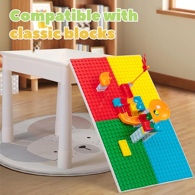 Sandinrayli 7 - in - 1 Kids Activity Table Set with 2 Chairs & 100Pcs Blocks | Water/Sand Play Table for Toddler Age 3-6 (Primary)
