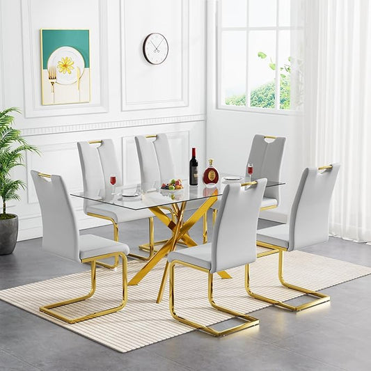 51'' Gold Glass Dining Table Set for 6,7 Piece Kitchen Table and Chairs Set with Metal Legs and 6 PU Leather Dining Chairs for Kitchen Room Small Spaces