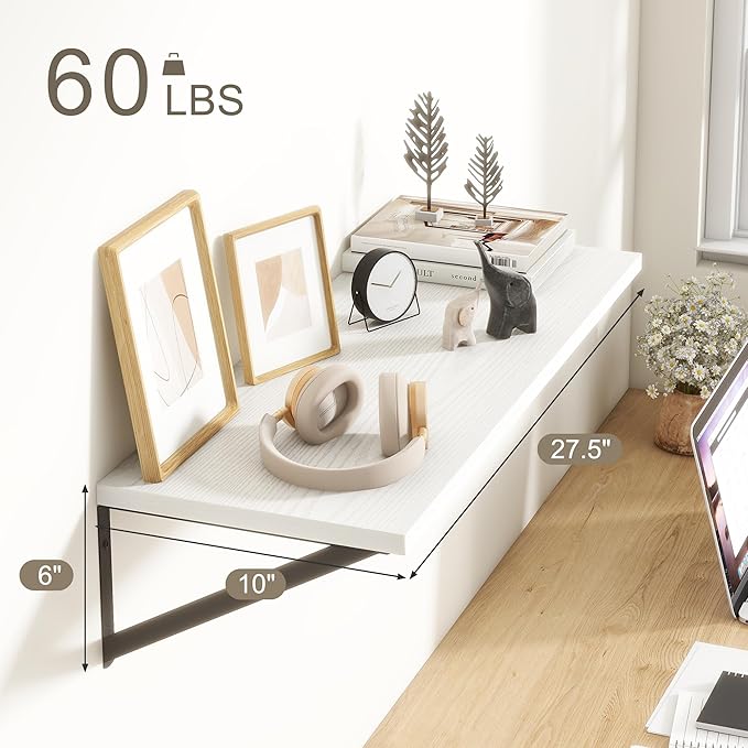 Fun Memories 27.5" W x10 D Floating Shelves, White Wall Shelf with Brackets, 10 Inch Deep Floating Shelf Set of 2, Large Storage Kitchen Living Room Bathroom Shelves, Wood Wall Mounted Shelf