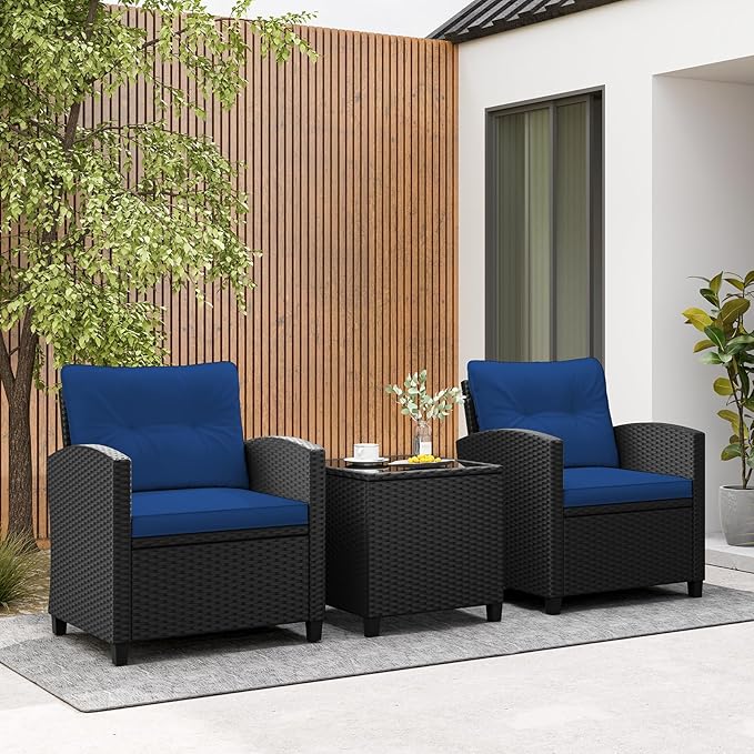 RELAX4LIFE 3-Piece Patio Furniture Set - Wicker Rattan Bistro Sofa w/Glass Top Coffee Table, Washable Cushions for Porch Balcony Backyard Poolside, Outdoor Conversation Set (Navy)