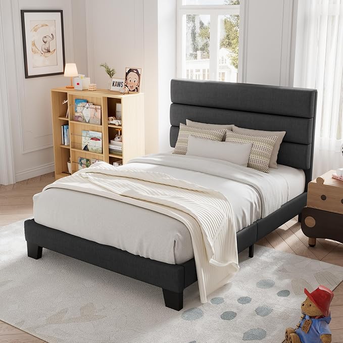 Allewie Twin Size Platform Bed Frame with Fabric Upholstered Headboard and Wooden Slats Support, Fully Upholstered Mattress Foundation/No Box Spring Needed/Easy Assembly, Dark Grey