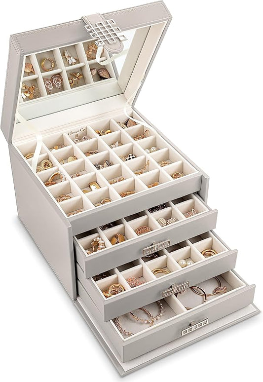 Earring Organizer Holder - 75 Small & 4 Large Slots Classic Jewelry Box with Drawer & Modern Closure, Mirror, 4 Trays Earrings, Ring or Chain Storage - PU Leather Case - Grey