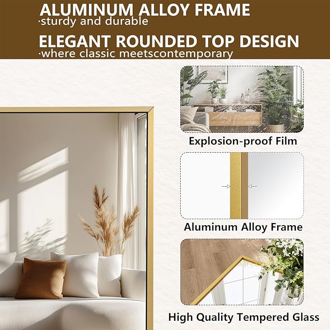 Koonmi Large Mirrors, 71"x26" Full Length Mirror with Stand, Full Body Mirror with Aluminum Alloy Frame, Hanging or Leaning Against Wall Floor Standing Mirrors for Bedroom Living Room, Gold