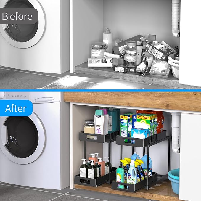 Under Sink Organizers and Storage, 2 Pack Large Capacity Heavy Load Double Pull-out Under Sink Shelves with Sliding Drawer for Kitchen and Bathroom, Black