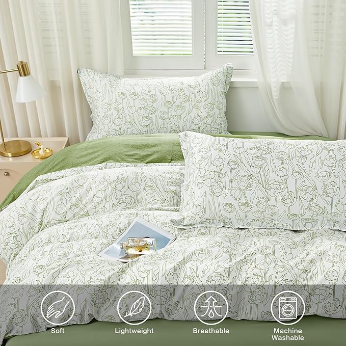 SAPHREAS Green Drawing Floral Duvet Cover Set King Size 3pcs Botanical Blossom White Bedding Comforter Cover Set 100% Cotton 1 Duvet Cover 104"x90" 2 Pillow Shams, Comforter Not Included