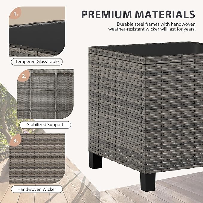 Vongrasig 3 Piece Patio Furniture Set Small Outdoor Wicker Rattan Front Porch Bistro Set Cushioned Patio Chairs Conversation Set with Glass Table for Lawn, Garden, Backyard, Balcony, Poolside (Gray)