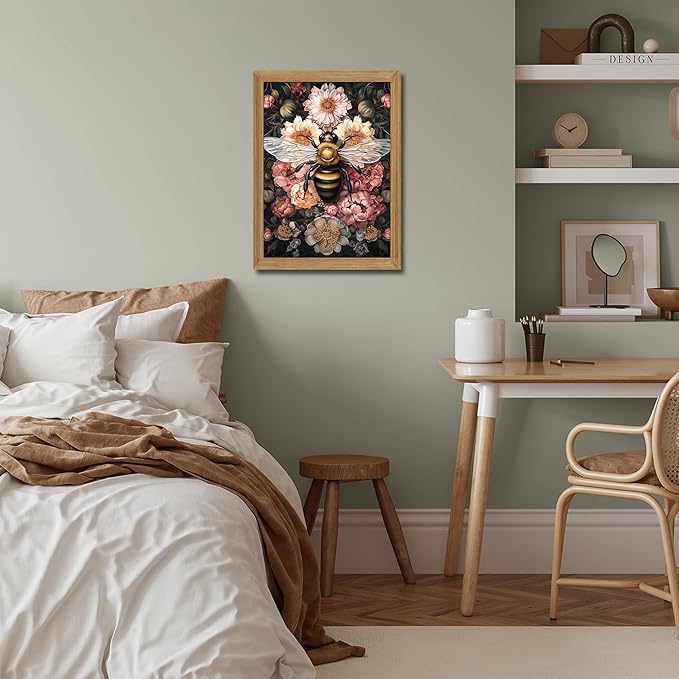 Framed Vintage 3D Textured Wall Art - Dark College Bee Flowers Wall Decor - Hand Drawn Sandstone Nature Botanical Pictures for Living Room Bedroom Home Decor 12x16in