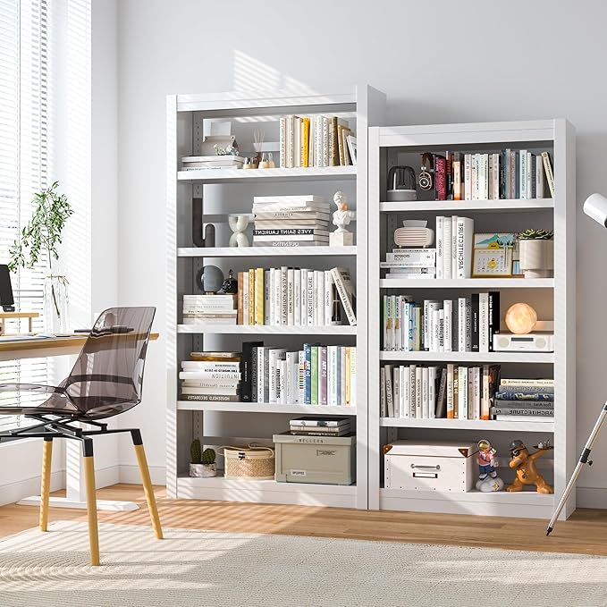 Metal Bookshelf, 5-Tier Bookcase with Adjustable Storage Shelves, White Book Shelf with Book Stopper, Modern Bookshelf for Living Room, Library, Home, Office