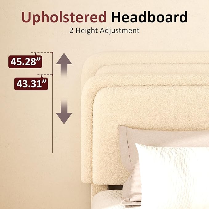 Full Boucle Platform Bed Frame with Height Adjustable Headboard, Modern Upholstered Cloud Bed, Sleek Curved Design, No Box Spring Needed, Easy Assembly, Noise Free, Beige